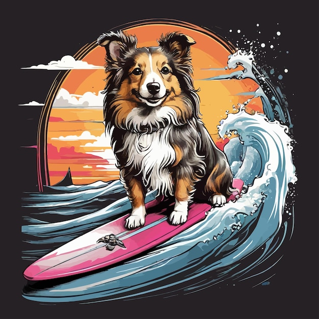 Modelo de perro vectorial surfeando en las olas