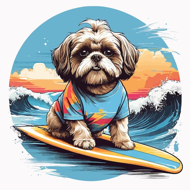 Modelo de perro vectorial surfeando en las olas