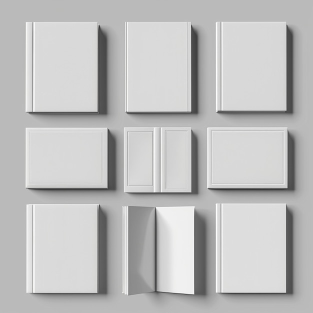 Modelo de portada de libro en blanco vectorial conjunto plano blanco folleto cerrado diseño 3d papel gris frente tex