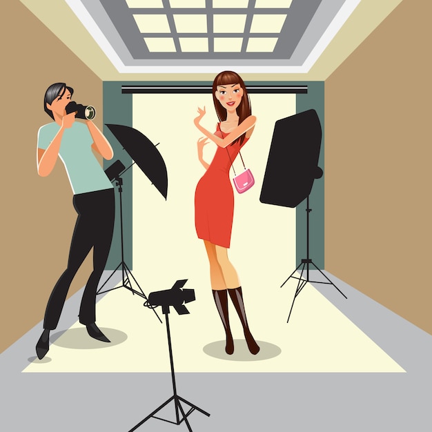 Modelo posa en Photo Studio. Fotógrafo trabajando en estudio profesional. Ilustración vectorial