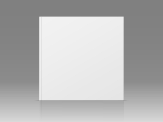 Vector modelo de revista 3d vectorial realista de pie con cubierta en blanco aislada catálogo de libros de bolsillo cuadrado cerrado o maqueta de revista con reflexión en fondo de gradiente gris vista frontal