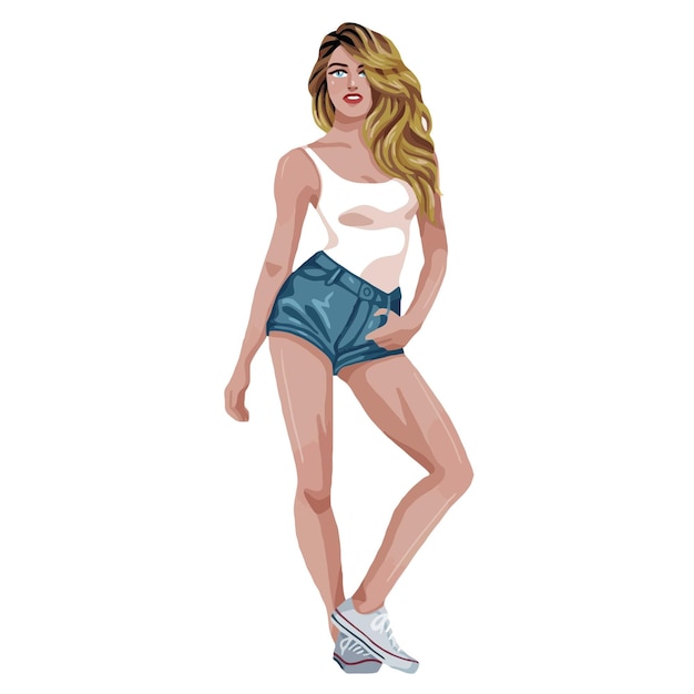 Vector modelo rubia posando en pantalones cortos de mezclilla