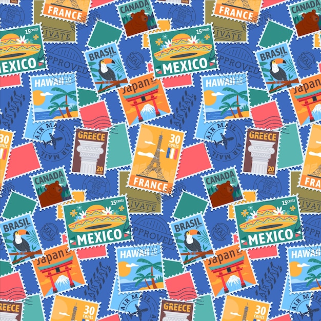 Modelo de sellos postales de viaje dibujados a mano