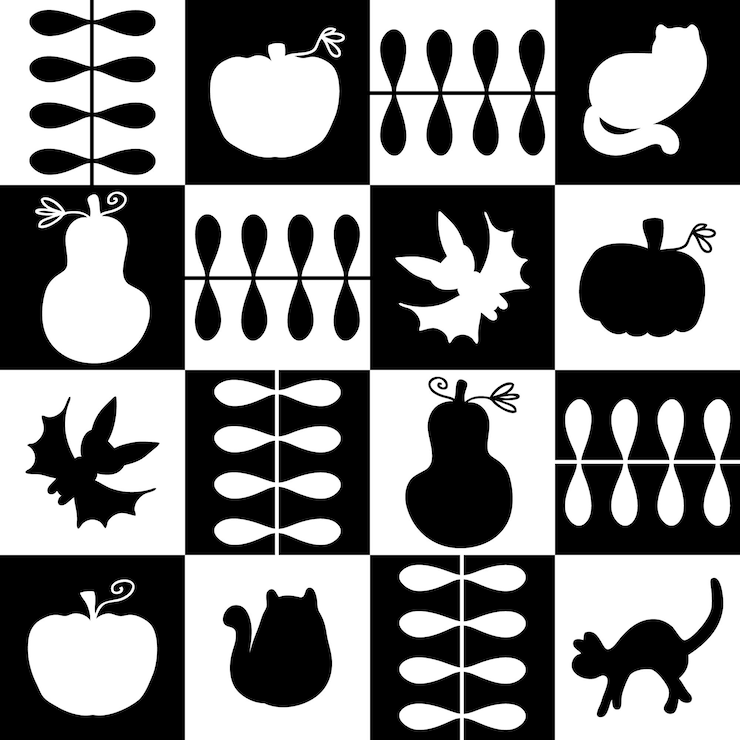 Vector modelo sencillo monocromático plano sin costuras de halloween impresión geométrica para papel, textiles y telas ilustración vectorial dibujada a mano para decoración y diseño