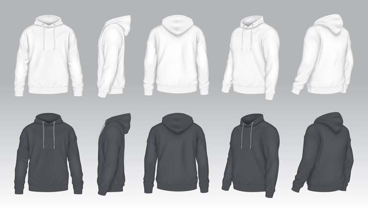 Vector modelo de sudaderas con capucha en blanco y negro con ilustraciones realistas