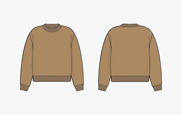 Modelo de suéter vectorial de manga larga vista delantera y trasera dibujo técnico del suéter