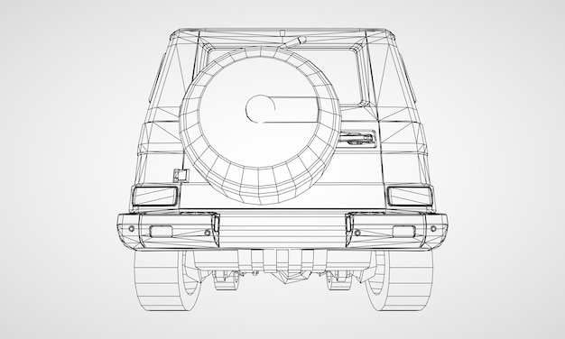Modelo de SUV de chasis premium con un diseño clásico. Ilustración vectorial de una cuadrícula triangular de polígono negro sobre un fondo gris.