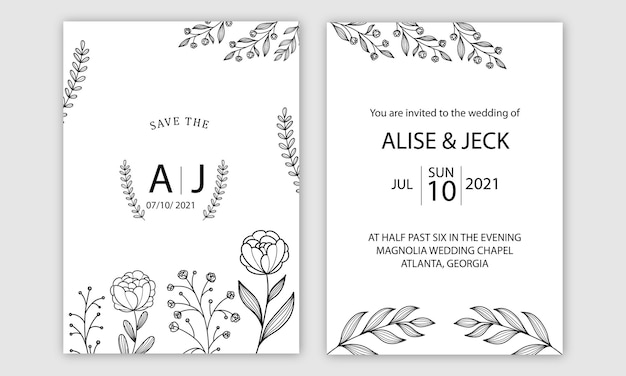 Vector modelo de tarjeta de invitación de boda minimalista diseño floral de línea negra dibujo de tinta con cuadrado