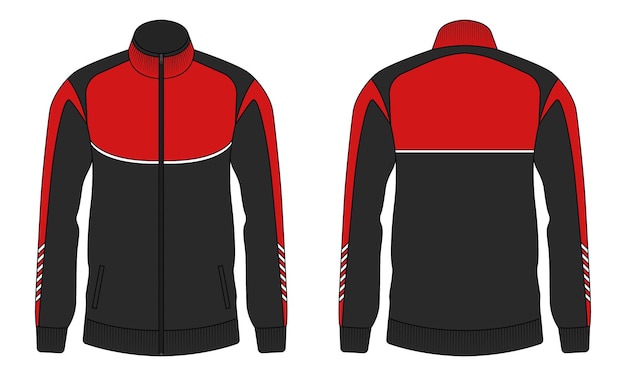 Modelo de traje de entrenamiento rojo y negro frente y atrás