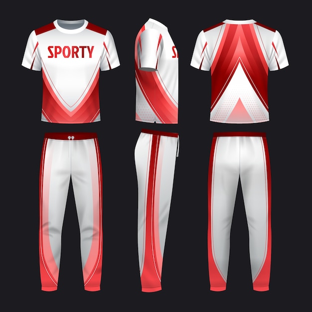 Modelo de uniforme deportivo con acentos rojos y blancos