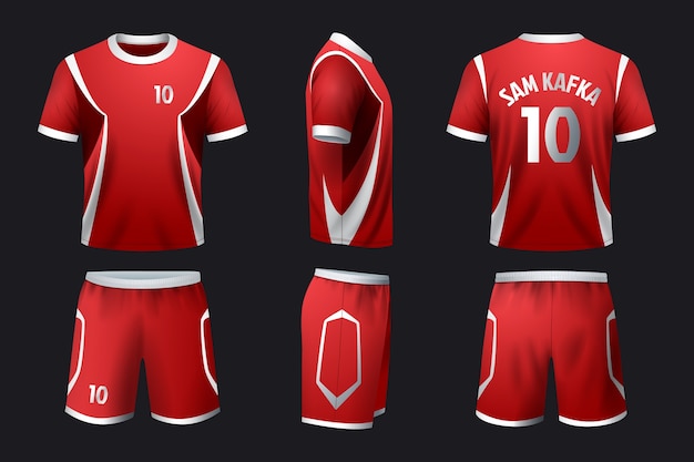 Modelo de uniforme de fútbol rojo con camiseta y pantalones cortos