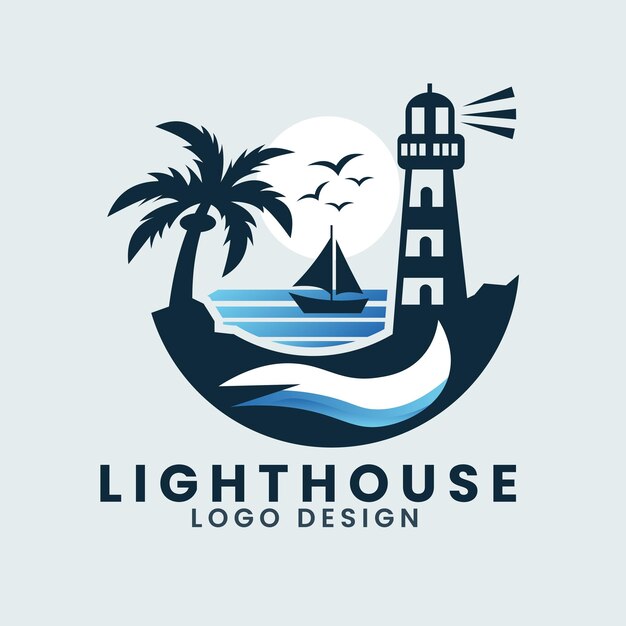 Modelo de vector de mar del edificio del faro de la torre de navegación Vector de diseño del logotipo de la insignia del faro