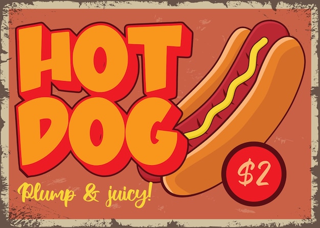 Modelo vectorial de cartel retro de publicidad de hot dogs y comida rápida