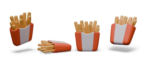 Modelo vectorial de papas fritas en embalaje de papel en diferentes posiciones