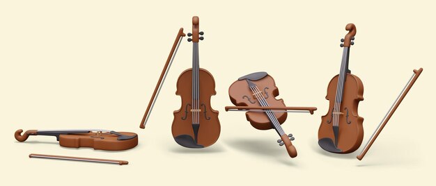 Modelo vectorial realista de violín con arco en diferentes posiciones y combinaciones