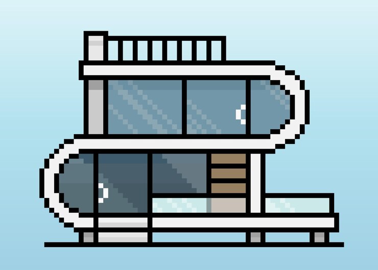 Vector modelos de casas modernas en píxeles de 8 bits futuras casas en ilustraciones vectoriales