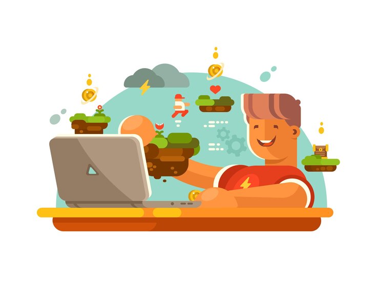 Vector modelos de diseñador para juegos e interfaz de juegos que funcionan en una computadora portátil. ilustración vectorial