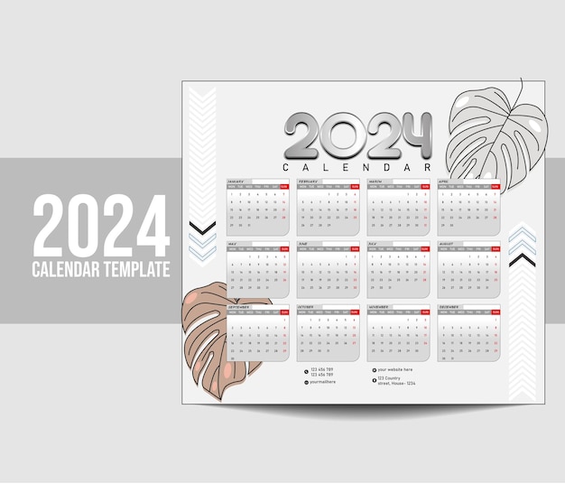 Vector modelos de diseño de un calendario de una página para 2024