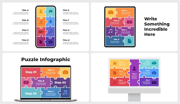 Vector modelos de dispositivos electrónicos infografías de rompecabezas incluye computadora portátil, teléfono inteligente y tableta