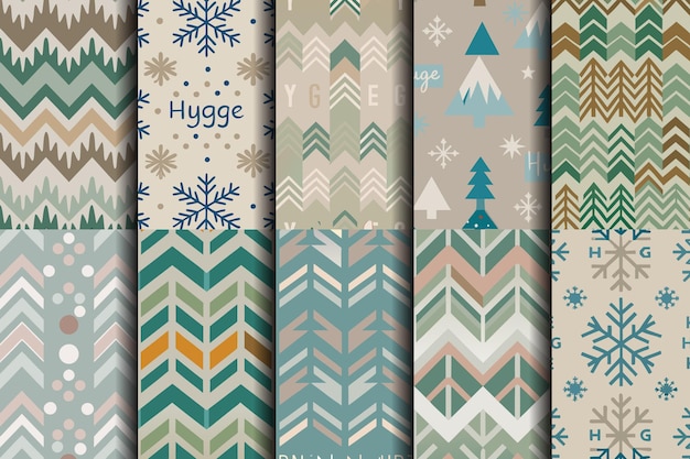 Modelos elegantes con temas de invierno con árboles, copos de nieve y diseños geométricos en colores suaves