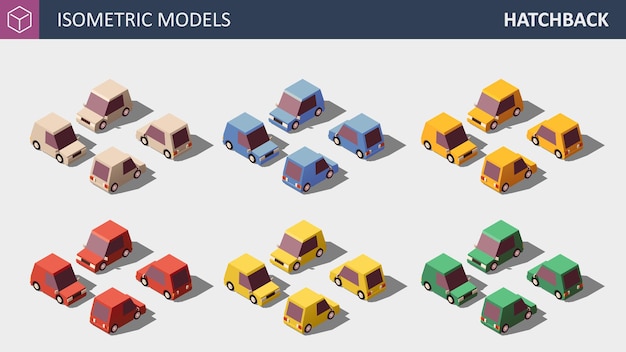 Modelos isométricos vectoriales de Hatchback, que se muestran en cuatro dimensiones. Ilustración 3D de vectores aislados. Autos personales en seis colores.
