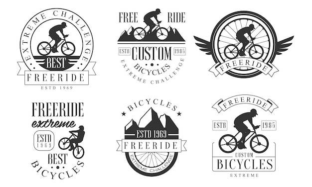 Modelos de logotipos extreme freeride retro conjunto de bicicletas insignias de desafío extremo ilustración vectorial