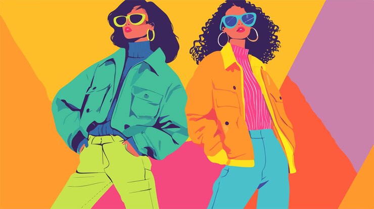 Vector modelos de moda de los años 90 coloridos con trajes y fondos vibrantes