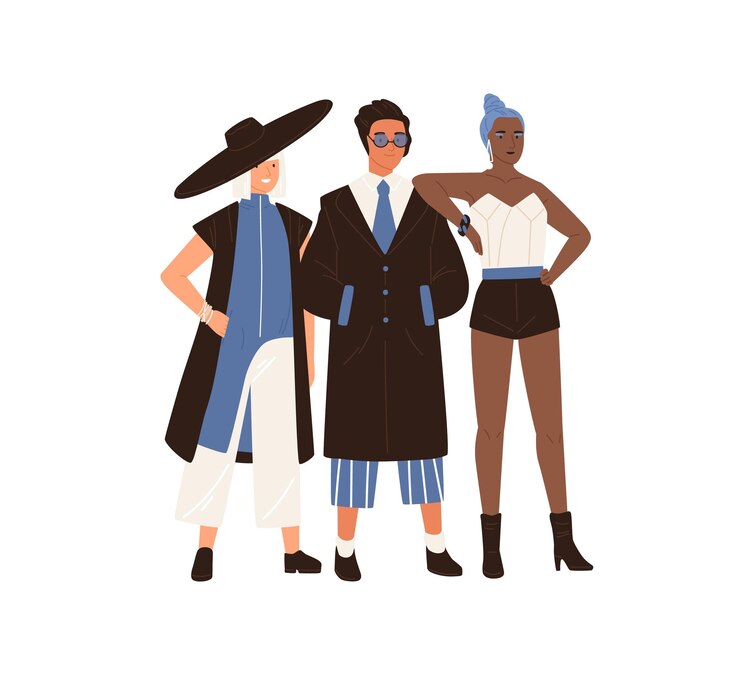Vector modelos de moda excéntricos masculinos y femeninos posando con un elegante atuendo extravagante aislado de fondo blanco. hombre y mujer modernos con ropa de moda. ilustración de vector plano colorido.