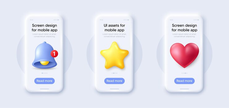 Vector modelos de pantalla de teléfono móvil marco 3d con iconas de estrella y corazón de alerta aplicación para teléfonos inteligentes