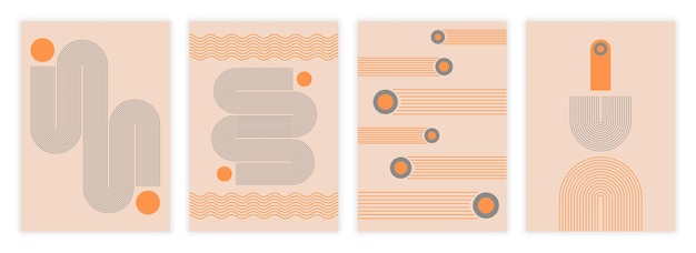 Modern abstract covers set minimalistic posters with geometric shapes waves and line design elements