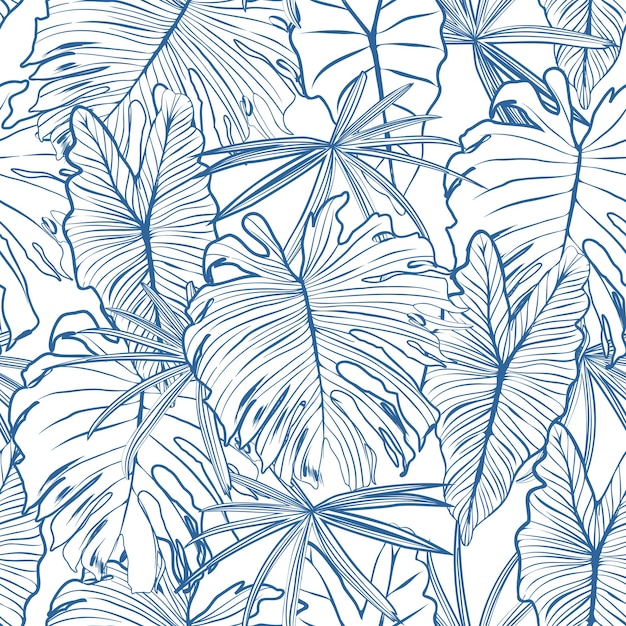 Modern Blue Line Tropical Jungle deja un patrón sin costuras Hojas de palma Monstera y bosque exótico Diseño para envoltura de papel tapiz textil de tela de moda y todas las impresiones en blanco