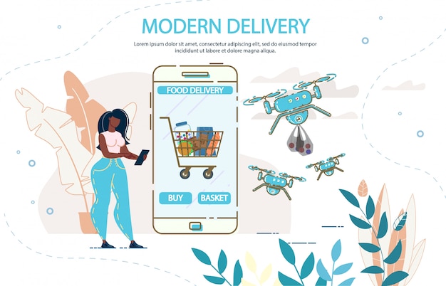 Modern drone food delivery y aplicación móvil