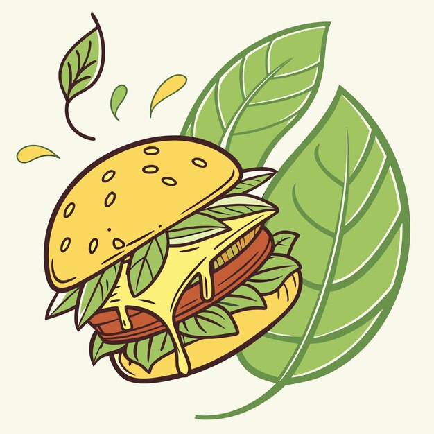 Modern food illustration of a fresh healthy and colorful cartoon burger with leafy greens vector