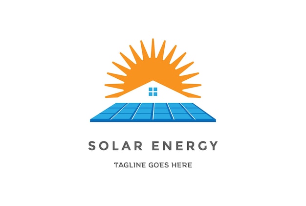 Modern house sun y panel solar para energía renovable logo design vector