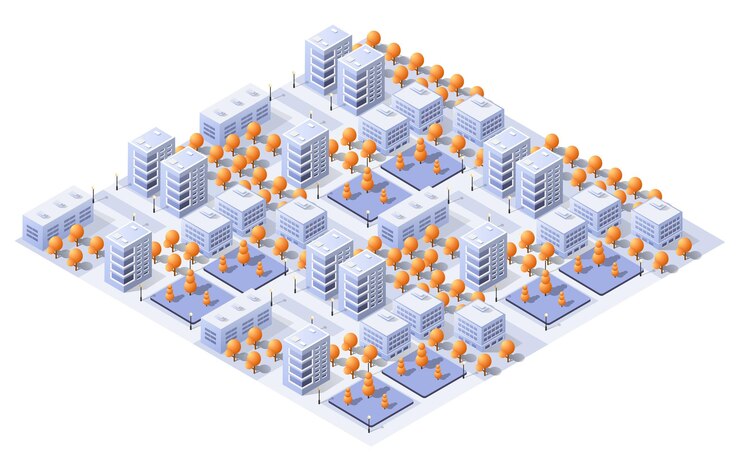 Vector modern isometric city with orange trees and buildings during autumn