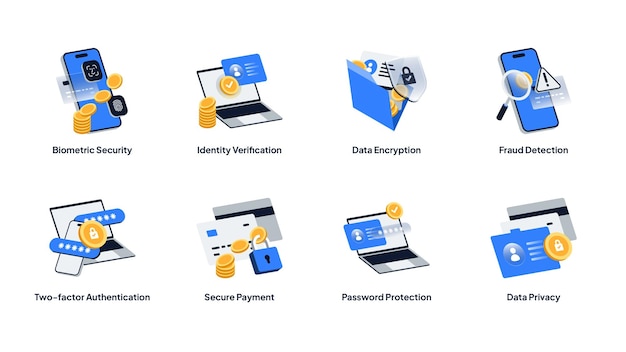 Modern Isometric Fintech Icons Set Biometric Security Encryption 2FA Fraud Detection Secure Payment Data Privacy Editable Vector for App Web and UI Design