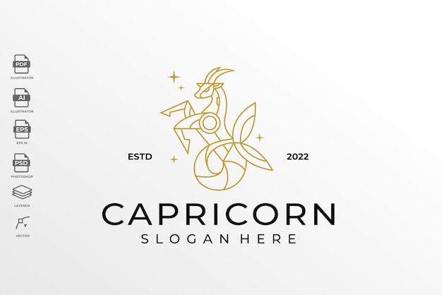 Modern Monoline Lineart Zodiac Capricorn Logo Design Template Ilustración Tattoo Wallpaper Art