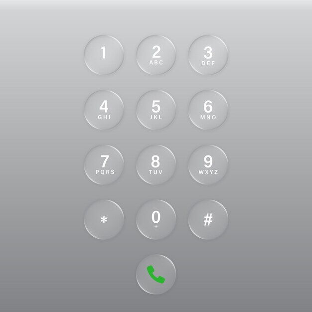 Modern smartphone dial keypad buttons in the style of liquid glass and glossy surface phone numbers panel User interface element for ui ux design Transparent frame and button Vector illustration
