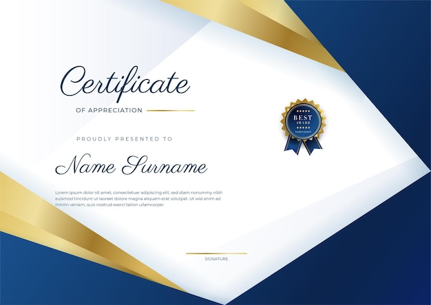 Moderna y elegante plantilla de certificado de logros en azul y oro con insignia dorada y borde Diseñado para la escuela universitaria de negocios y la empresa