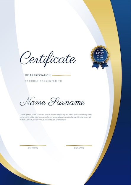 Moderna y elegante plantilla de certificado de logros en azul y oro con insignia dorada y borde Diseñado para la escuela universitaria de negocios y la empresa