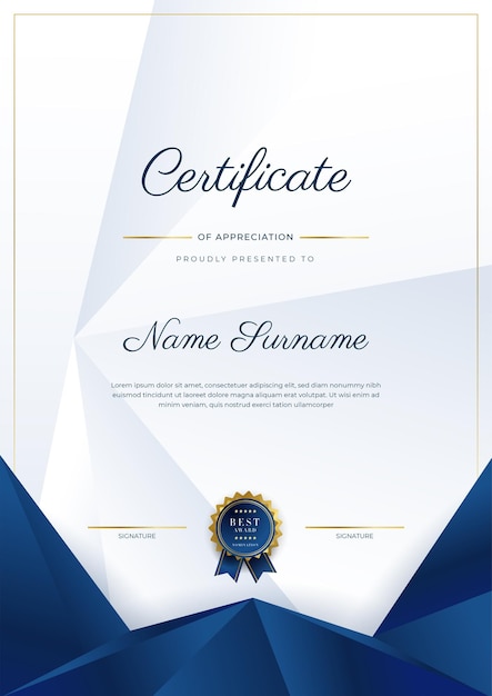 Moderna y elegante plantilla de certificado de logros en azul y oro con insignia dorada y borde Diseñado para la escuela universitaria de negocios y la empresa