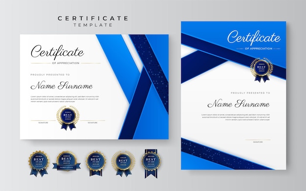 Moderna y elegante plantilla de certificado de logros en azul y oro con insignia dorada y borde Diseñado para la escuela universitaria de negocios y la empresa