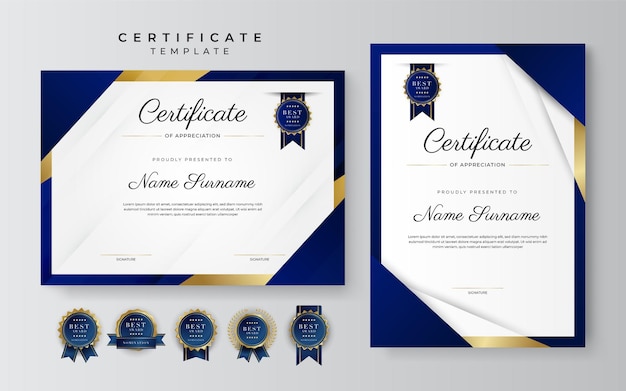 Moderna y elegante plantilla de certificado de logros en azul y oro con insignia dorada y borde Diseñado para la escuela universitaria de negocios y la empresa