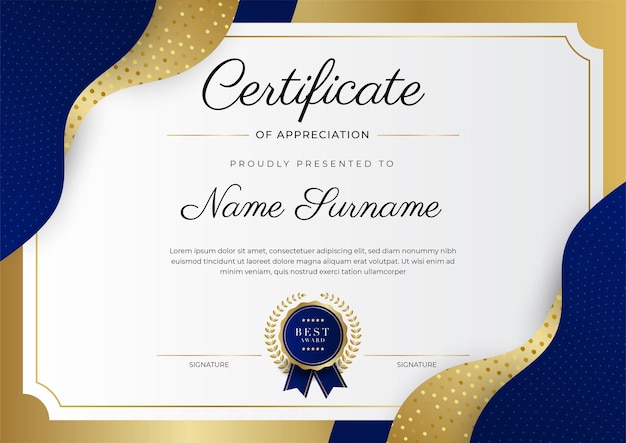 Moderna y elegante plantilla de certificado de logros en azul y oro con insignia dorada y borde Diseñado para la escuela universitaria de negocios y la empresa