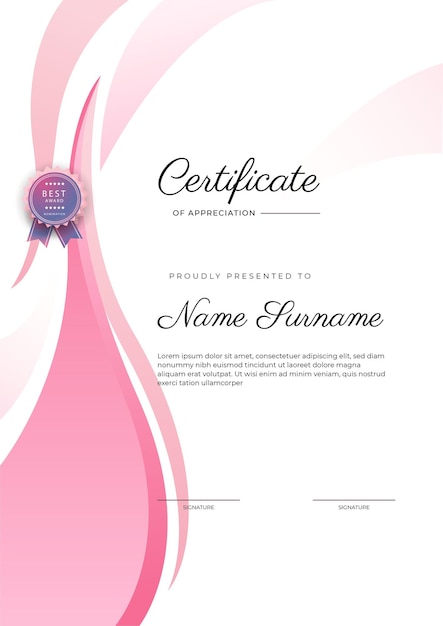Moderna y elegante plantilla de certificado de logros en azul y rosa con insignia y borde diseñado para la escuela universitaria de negocios y la empresa
