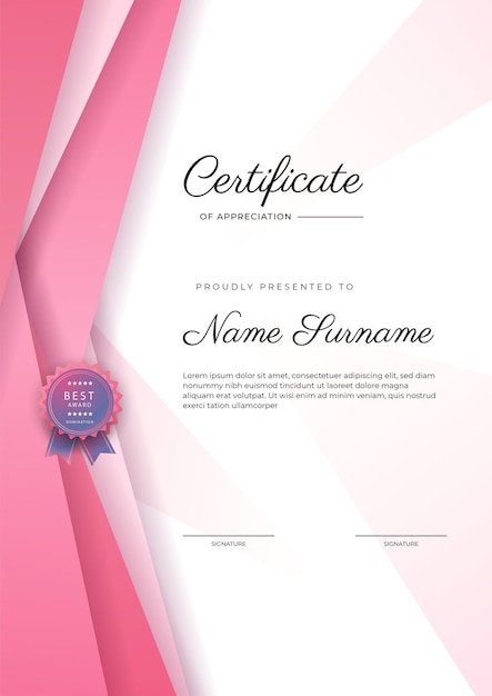 Moderna y elegante plantilla de certificado de logros en azul y rosa con insignia y borde Diseñado para la escuela universitaria de negocios y la empresa