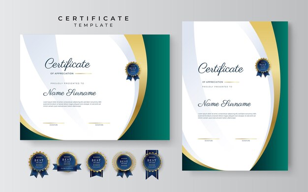 Moderna y elegante plantilla de certificado de logros en verde oscuro y dorado con insignia dorada y borde Diseñado para la obtención del diploma de la escuela universitaria de negocios y antecedentes corporativos