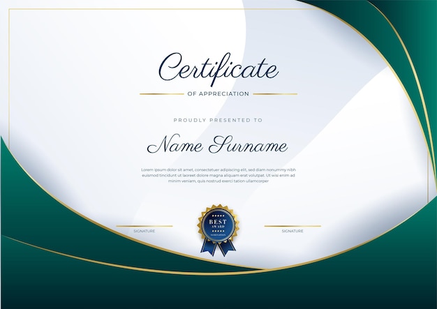Moderna y elegante plantilla de certificado de logros en verde oscuro y dorado con insignia dorada y borde Diseñado para la obtención del diploma de la escuela universitaria de negocios y antecedentes corporativos