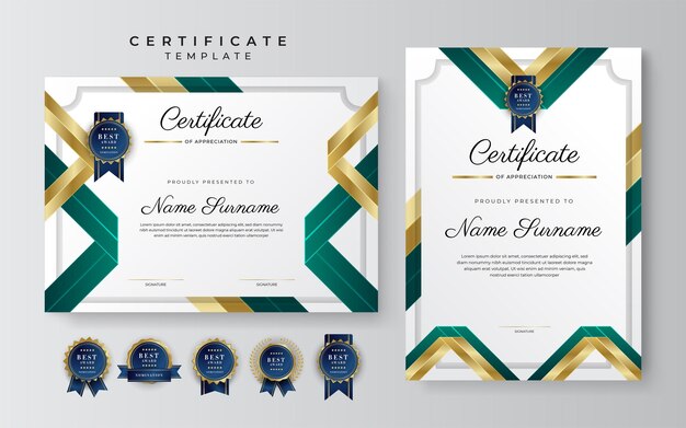 Moderna y elegante plantilla de certificado de logros en verde oscuro y dorado con insignia dorada y borde Diseñado para la obtención del diploma de la escuela universitaria de negocios y antecedentes corporativos