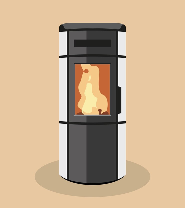 Vector moderna y hermosa estufa de pellets o vista frontal de madera para ilustración vectorial de diseño plano